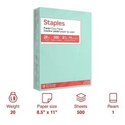Multipurpose Paper*Staples Pastel 30% Recycled Color Copy Paper, 20 lbs., 8.5" x 11", , 500 Sheets/Ream (14784) Turquoise
