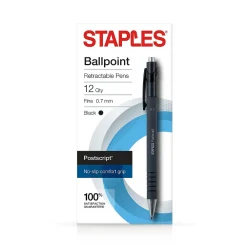 Pens|Staples Postscript Retractable Ballpoint Pens, Fine Point, Black Ink, Dozen (18264)