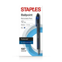 Pens|Staples Postscript Retractable Ballpoint Pens, Medium Point, Blue Ink, Dozen (18263)