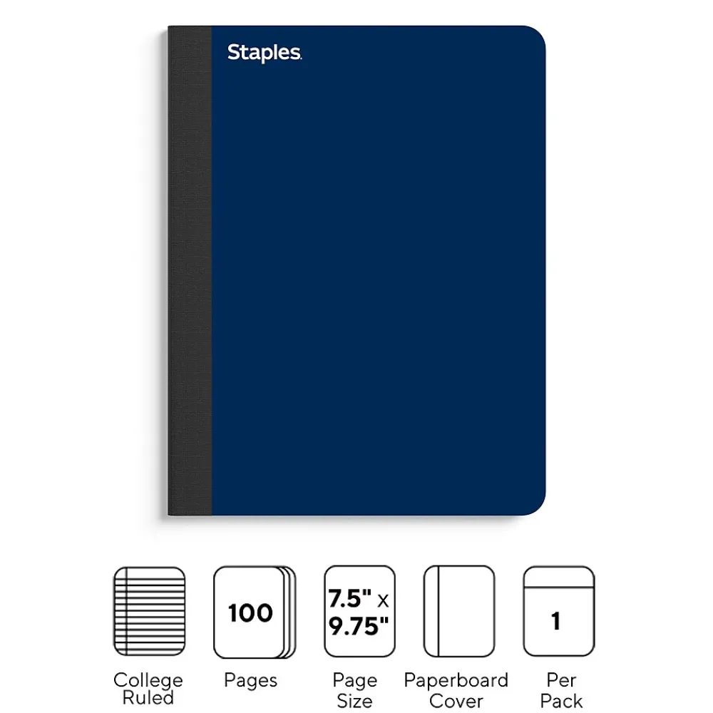 Composition Notebooks|Staples Premium Composition Notebook, 7.5" x 9.75", College Ruled, 100 Sheets, Blue (ST58343)