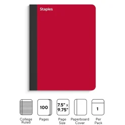 Composition Notebooks|Staples ® Premium Composition Notebooks, 7.5" x 9.75", College Ruled, 100 Sheets, Red (TR58344M CC)