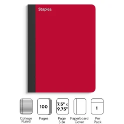 Composition Notebooks|Staples Premium Composition Notebook, 7.5" x 9.75", College Ruled, 100 Sheets, Assorted Colors (TR58341)