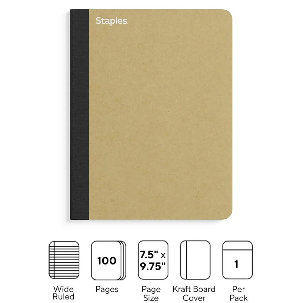 Composition Notebooks|Staples Premium Composition Notebook, 7.5" x 9.75", Wide Ruled, 100 Sheets, Brown (TR52119)