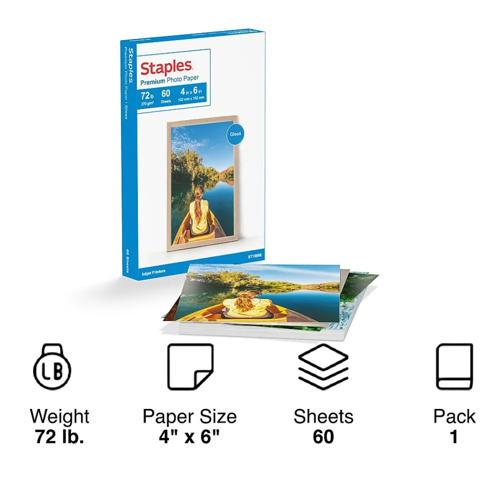 Photo Paper*Staples Premium Glossy Photo Paper, 4"W x 6"L, 60/Pack (19898-CC)