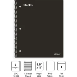 Subject Notebooks|Staples Premium Poly 5-Subject Notebook, 8.5" x 11", College Ruled, 200 Sheets, (ST58317) Black