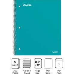 Subject Notebooks|Staples Premium Poly 5-Subject Notebook, 8.5" x 11", College Ruled, 200 Sheets, (TR58320) Teal