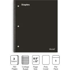Subject Notebooks|Staples Premium Poly 3-Subject Notebook, 8.5" x 11", College Ruled, 150 Sheets, (ST58313) Black