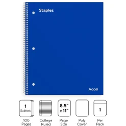 Subject Notebooks|Staples Premium Poly 1-Subject Notebook, 8.5" x 11", College Ruled, 100 Sheets, (TR20951) Blue