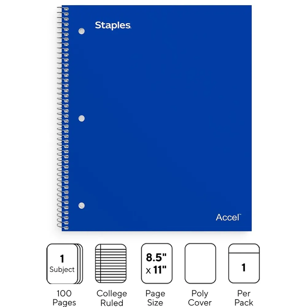 Subject Notebooks|Staples Premium Poly 1-Subject Notebook, 8.5" x 11", College Ruled, 100 Sheets, (TR20951) Blue