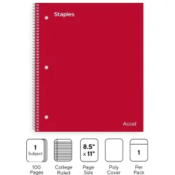 Subject Notebooks|Staples Premium Poly 1-Subject Notebook, 8.5" x 11", College Ruled, 100 Sheets, (ST20952D) Red