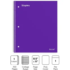 Subject Notebooks|Staples Premium Poly 1-Subject Notebook, 8.5" x 11", College Ruled, 100 Sheets, (ST20954D) Purple