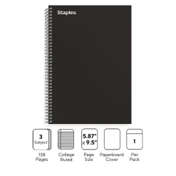 Subject Notebooks|Staples Premium 3-Subject Notebook, 5.88" x 9.5", College Ruled, 138 Sheets, Black (TR58351)