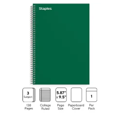 Subject Notebooks|Staples Premium 3-Subject Notebook, 5.88" x 9.5", College Ruled, 138 Sheets, Green (TR58354)