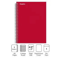 Subject Notebooks|Staples Premium 1-Subject Notebook, 4.38" x 7", College Ruled, 80 Sheets, Red (TR58349)