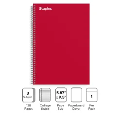 Subject Notebooks|Staples Premium 3-Subject Notebook, 5.88" x 9.5", College Ruled, 138 Sheets, Red (ST58353)
