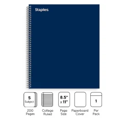 Subject Notebooks|Staples Premium 5-Subject Notebook, 8.5" x 11", College Ruled, 200 Sheets, Blue (TR58364)