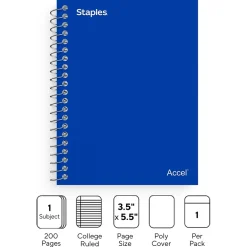 Notebooks|Staples Premium 1-Subject Notebook, 3.5" x 5.5", College Ruled, 200 Sheets, (TR58289) Blue
