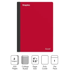 Subject Notebooks|Staples Premium 2-Subject Notebook, 6" x 9.5", College Ruled, 100 Sheets, (TR58327) Red