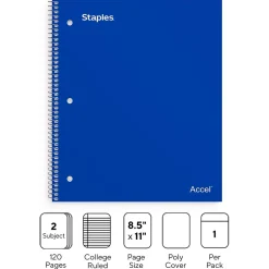 Subject Notebooks|Staples Premium 2-Subject Notebook, 8.5" x 11", College Ruled, 120 Sheets, (TR58311) Blue