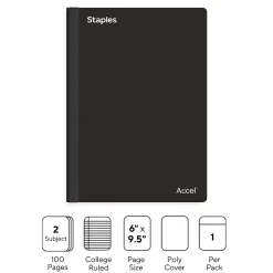 Notebooks|Staples Premium 2-Subject Notebook, 6" x 9.5", College Ruled, 100 Sheets, (TR58325) Black