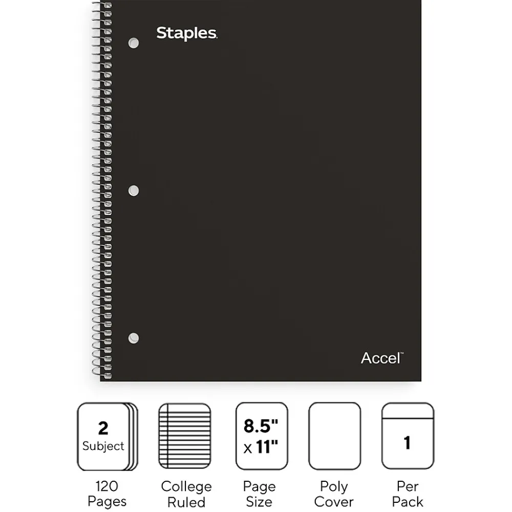 Subject Notebooks|Staples Premium 2-Subject Notebook, 8.5" x 11", College Ruled, 120 Sheets, (TR58310) Black