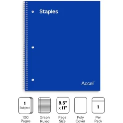 Subject Notebooks|Staples Premium 1-Subject Notebook, 8" x 11", Graph Ruled, 100 Sheets, (ST58323) Blue