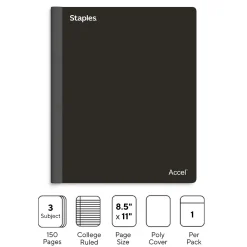 Subject Notebooks|Staples Premium 3-Subject Notebook, 8.5" x 11", College Ruled, 150 Sheets, (ST58329) Black
