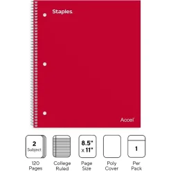Subject Notebooks|Staples Premium 2-Subject Notebook, 8.5" x 11", College Ruled, 120 Sheets, (TR58312) Red