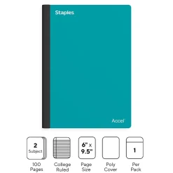 Subject Notebooks|Staples Premium 2-Subject Notebook, 6" x 9.5", College Ruled, 100 Sheets, (ST58328) Teal