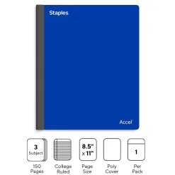 Subject Notebooks|Staples Premium 3-Subject Notebook, 8.5" x 11", College Ruled, 150 Sheets, (ST58330) Blue
