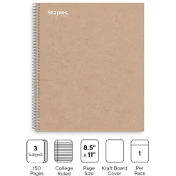 Subject Notebooks|Staples Premium 3-Subject Notebook, 8.5" x 11", College Ruled, 150 Sheets, Brown (TR52123)