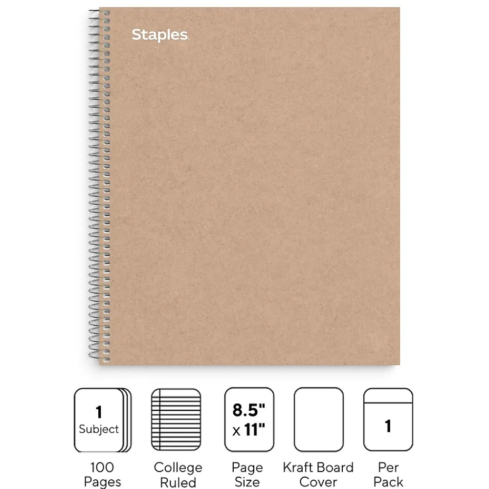 Notebooks|Staples Premium 1-Subject Notebook, 8.5" x 11", College Ruled, 100 Sheets, Brown (TR52121)
