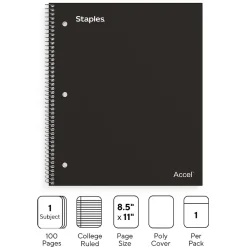 Subject Notebooks|Staples Premium 1-Subject Notebook, 8.5" x 11", College Ruled, 100 Sheets, (ST20950D) Black