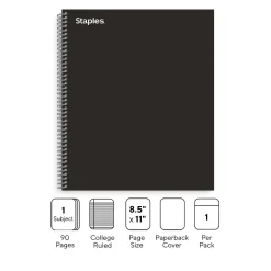 Subject Notebooks|Staples ® Premium 1-Subject Subject Notebooks, 8.5" x 11", College Ruled, 100 Sheets, Black (TR58355M-CC)