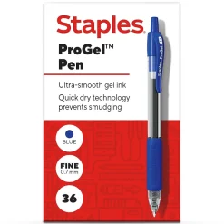 Pens|Staples ProGel™ Retractable Gel Pen, Fine Point, 0.7mm, Blue Ink, 36/Pack (ST62108)