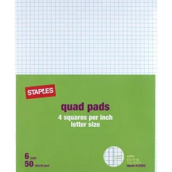 Notepads|Staples ® Quadrille Graph Pads, 50 Sheets, 4 Squares Per Inch, White, 8 1/2"H x 11"W, 36/Ct