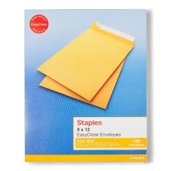 New Staples QuickStrip EasyClose Kraft Self Seal Catalog Envelopes, 9" x 12", Brown, 100/Box (ST381970-CC)