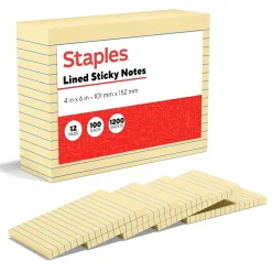Sticky Notes*Staples Recycled Notes, 4" x 6", Sunshine Collection, Lined, 100 Sheet/Pad, 12 Pads/Pack (S-46YR12)