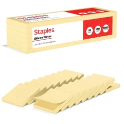 Sticky Notes*Staples Recycled Notes, 3" x 3", Sunshine Collection, 100 Sheet/Pad, 18 Pads/Pack (S-33YR18/52569)