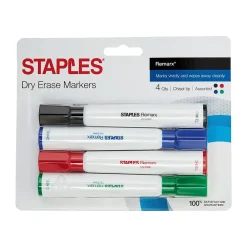 Markers|Staples Remarx Dry Erase Markers, Chisel Point, Assorted, 4/Pack (29205)