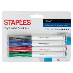 Markers|Staples Remarx Dry Erase Markers, Fine Point, Assorted, 4/Pack (29207)