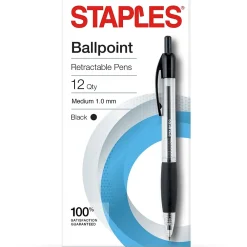 Pens|Staples ® Retractable Ballpoint Pens, Medium Point, 1.0mm, Black Ink, Dozen (50793-CC)