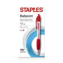 Pens|Staples Retractable Ballpoint Pens, Fine Point, Red Ink, Dozen (50787)