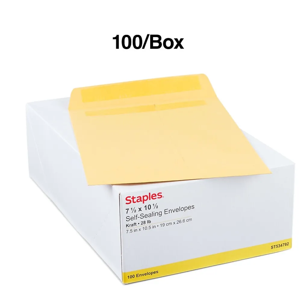 Discount Staples Self Seal Kraft Catalog Envelopes, 7.5"L x 10.5"H, Brown, 100/Box (534792/17105)