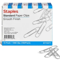 Clips & Fasteners|Staples Smooth Paper Clips, Silver, 100 Clips/Pack, 10/Pack(A7026607/72377)