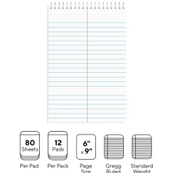 Notepads|Staples Steno Pad, 6" x 9", Gregg Ruled, White, 80 Sheets/Pad, Dozen (ST57354/TR57354)