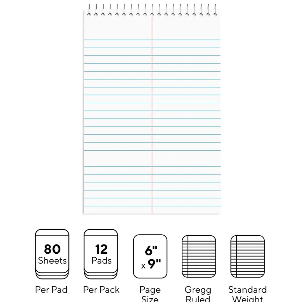 Notepads|Staples Steno Pad, 6" x 9", Gregg Ruled, White, 80 Sheets/Pad, Dozen (ST57354/TR57354)