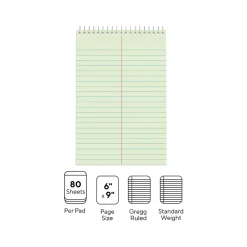 Notepads|Staples Steno Pads, 6" x 9", Gregg Ruled, Green, 80 Sheets/Pad, Dozen Pads/Pack (ST57353)