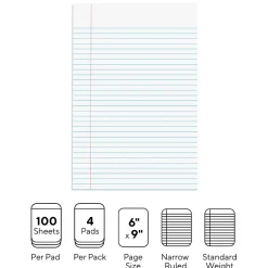 Notepads|Staples ® Steno Pads, 6'' x 9'', Narrow Ruled, 100 Sheets/Pad, 4 Pads/Pack (28046)