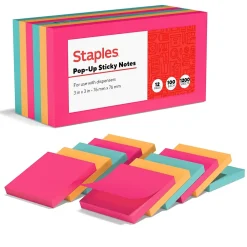 Sticky Notes*Staples Stickies Adhesive Notes, 3" x 3" Assorted Colors, 100 Sheets/Pad, 12 Pads/Pack (S-33BRP12/52568)